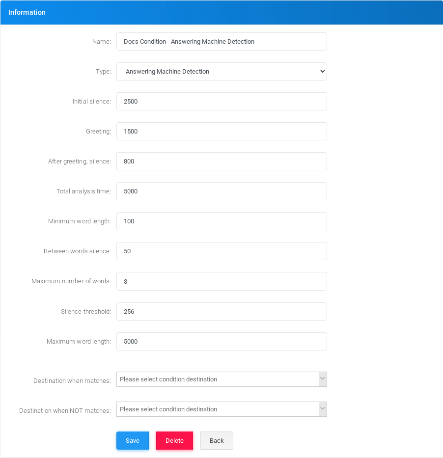 Answering Machine Detection condition edit form in the Canistracci OIL tenant.