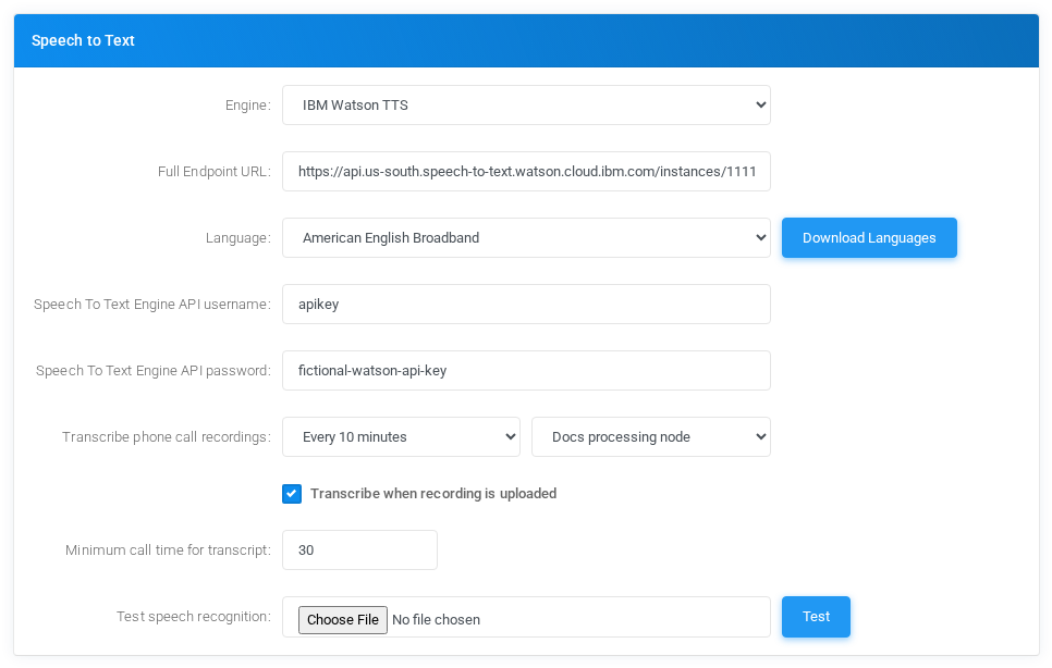 Admin Settings Speech to Text configuration for IBM Watson TTS with fictional documentation values.