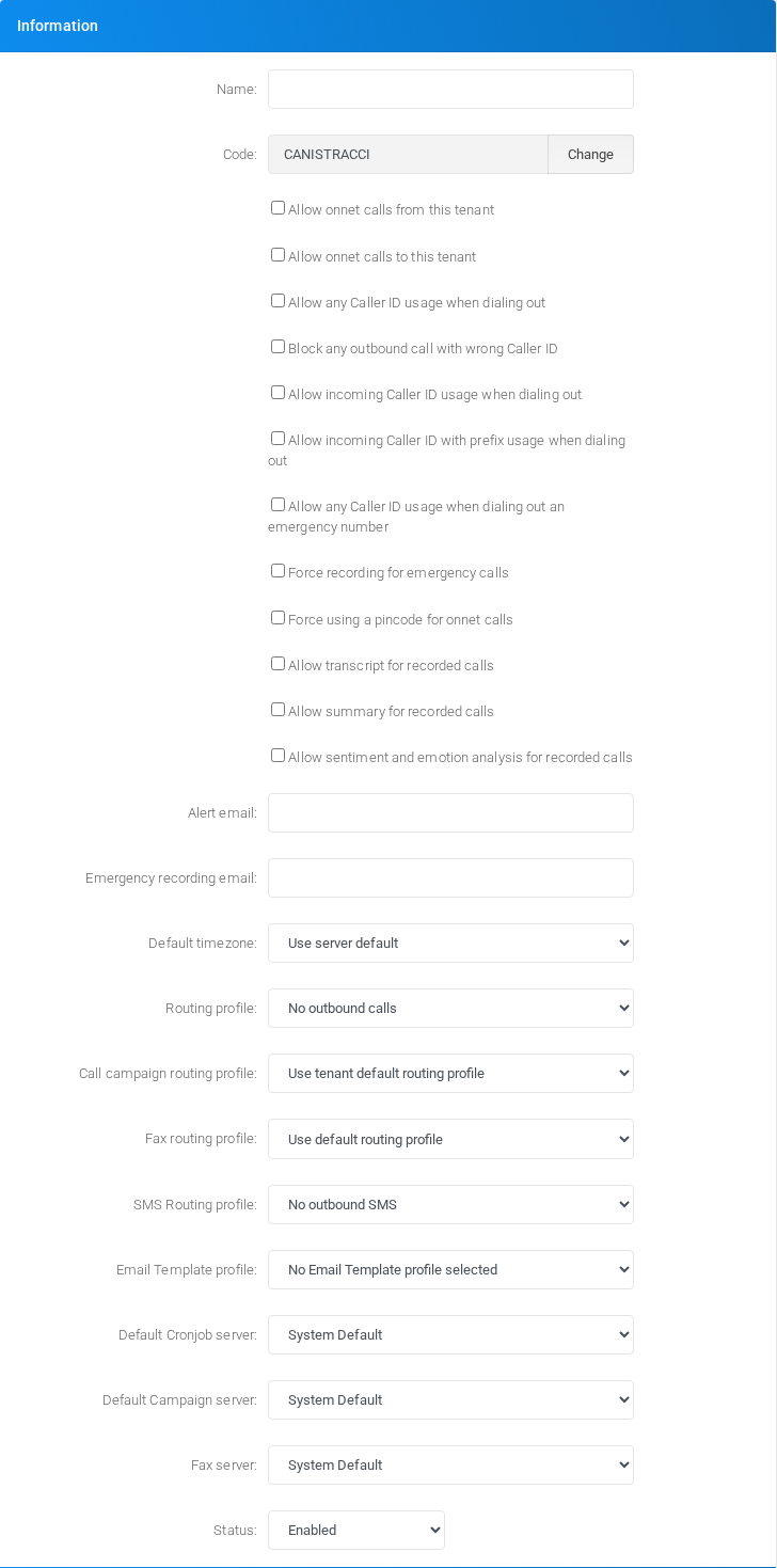 Information section of the Define Tenant form.