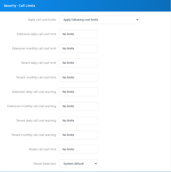 Security - Call Limits section of the Define Tenant form.