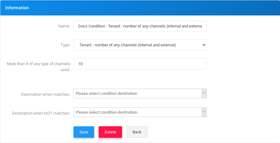 Tenant - number of any channels (internal and external) condition edit form in the Canistracci OIL tenant.