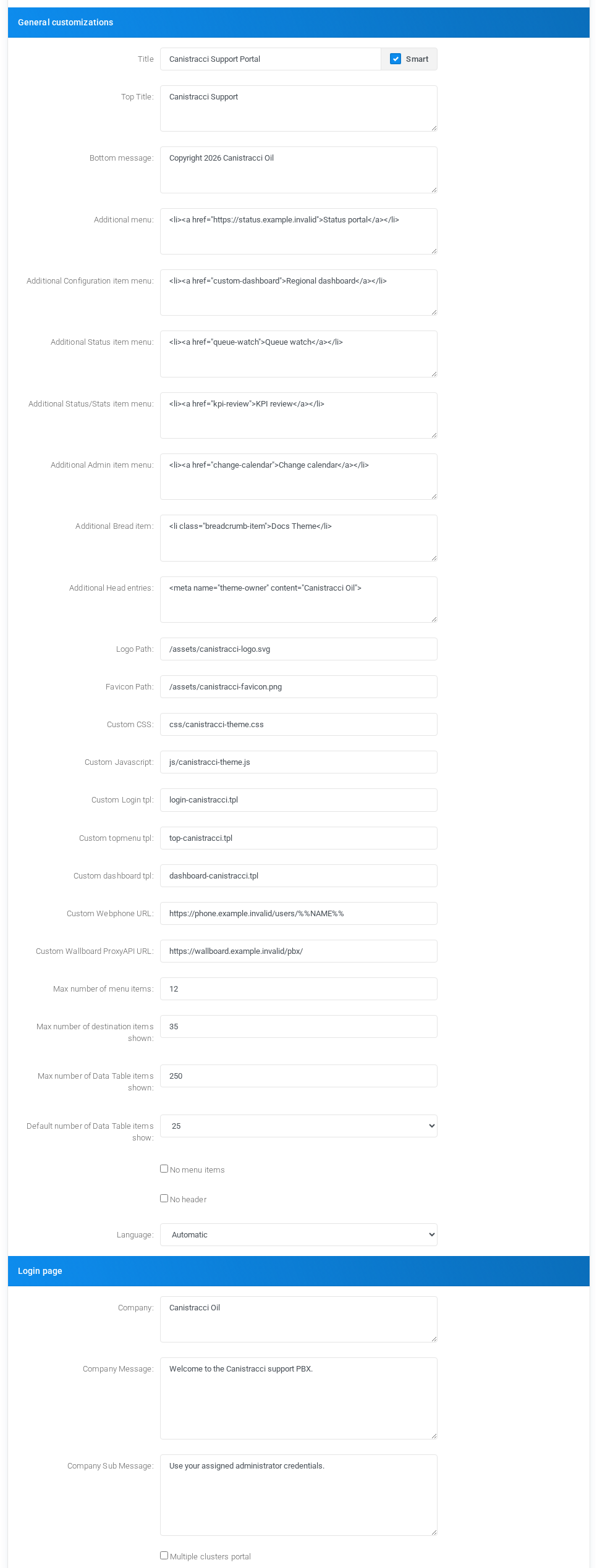 Theme editor customization and login-page fields with fictional values.
