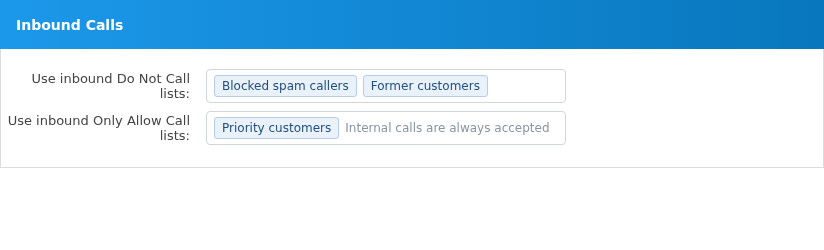 Inbound Calls section for virtual extension 108 with fictional inbound caller-list selections.