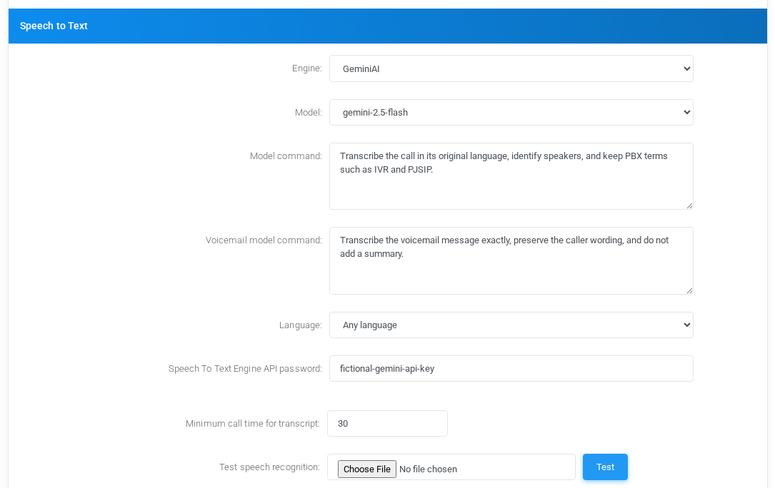 Speech to Text settings for GeminiAI with fictional documentation values.