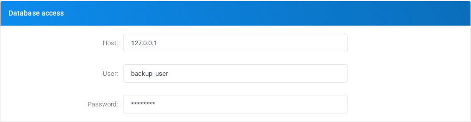 Backup Database access section from the current MiRTA PBX application, with credentials sanitized.