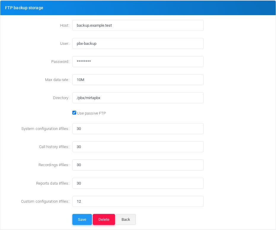 Backup FTP backup storage section from the current MiRTA PBX application, using documentation server values.