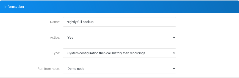 Backup Information section from the current MiRTA PBX application, using unsaved documentation values.